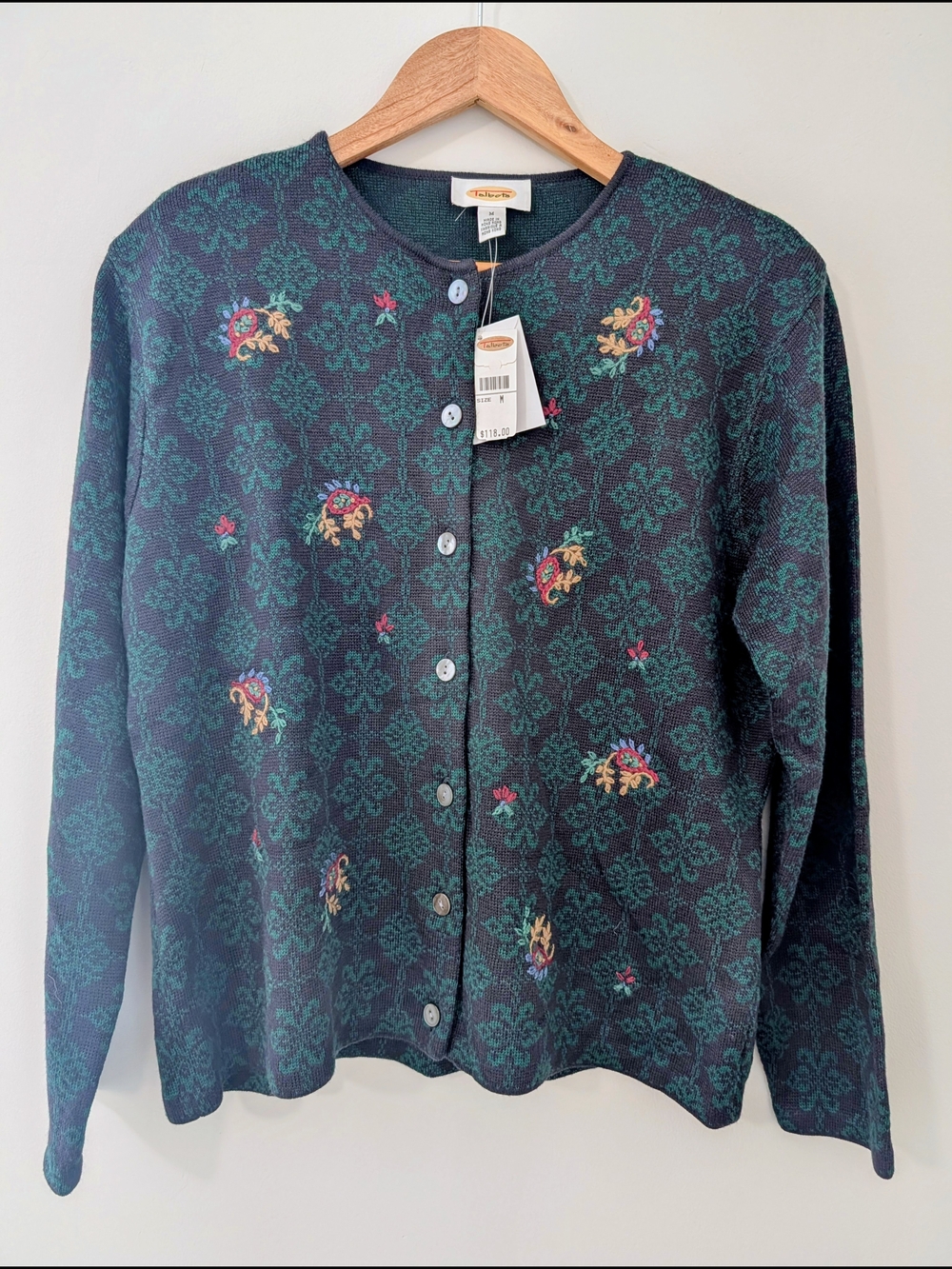 Talbots Vintage Floral Wool Blend Cardigan Sweater Green Navy Medium NWT